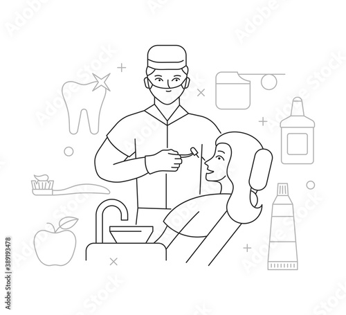 A dentist treats a woman's teeth. The concept of dental care. Linear vector illustration