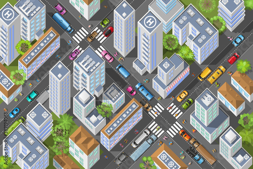 City view from above. 
Streets, houses, buildings, roads, crossroads, trees, cars. (top view)