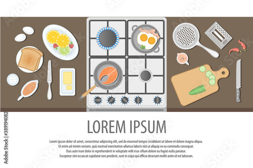 Vector illustration. Food and cooking. Top view. Cooking on gas in the kitchen. (view from above)