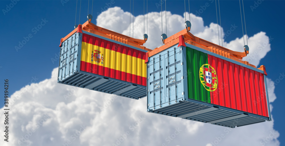 Freight containers with Spain and Portugal national flags. 3D Rendering