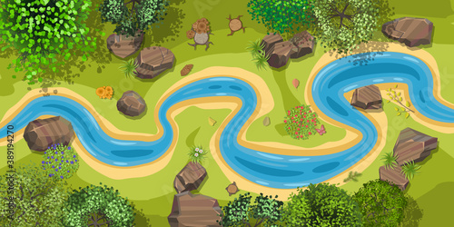 Vector illustration. Landscape with a winding river. (Top view)
River with forest shore. (View from above)