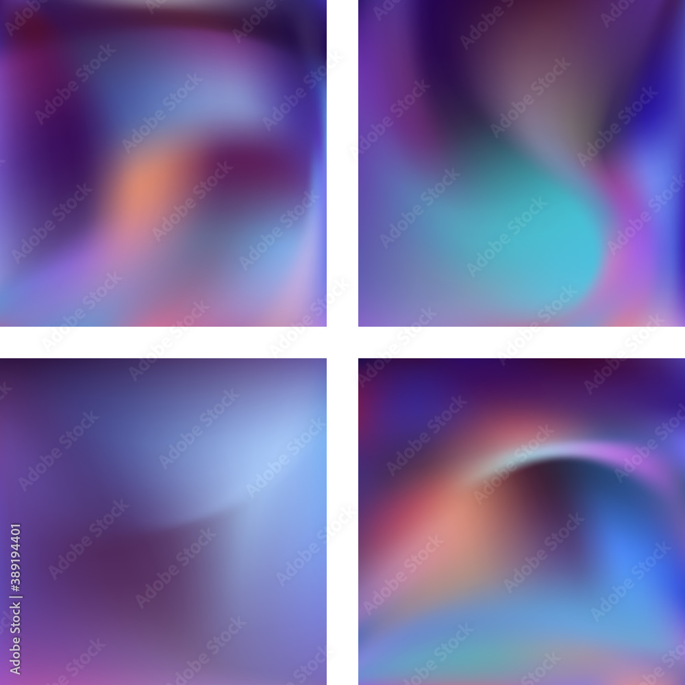 Set with abstract blurred backgrounds. Vector illustration. Modern geometrical backdrop. Abstract template. Purple, blue colors.
