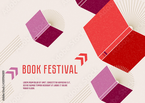 Banner or poster for book festival. Open books flying with arrows. Concept. Vector minimalist background with textures. Design template for a library.  Striving for success. photo