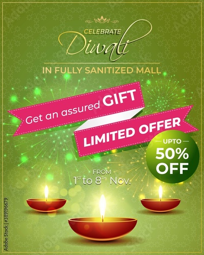 Diwali Festive Season Sale banner, up to 50% cashback. Limited offer Dipawali, Indian festival, diya lamp, oil lamp, get an assured gift, vector illustration offer banner, advertisement