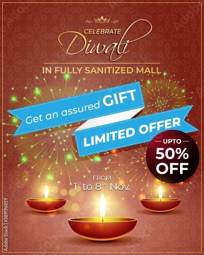 Diwali Festive Season Sale banner, up to 50% cashback. Limited offer Dipawali, Indian festival, diya lamp, oil lamp, get an assured gift, vector illustration offer banner, advertisement