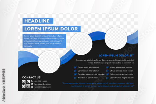 abstract geometric flyer template design with horizontal layout. wavy style element use blue color. black background. circle shape for space for photo collage. 
