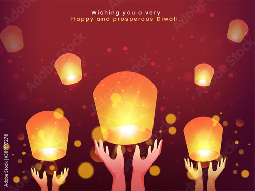 Diwali Celebration Background with Human Hands Releasing Sky Lanterns.