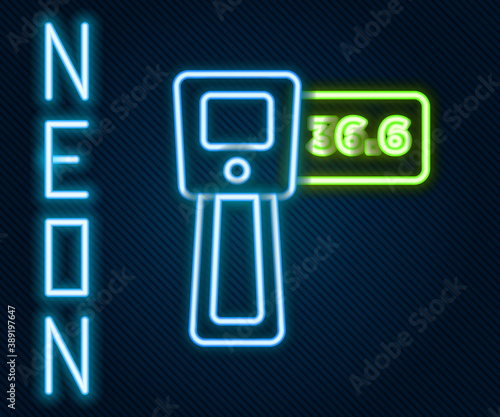 Glowing neon line Digital contactless thermometer with infrared light icon isolated on black background. Colorful outline concept. Vector.