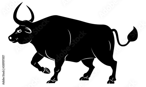 Silhouette of bull. Contour of standing ox in profile, Isolated on white background.