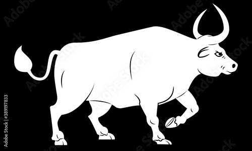Silhouette of ox. Stylized contour of standing bull in profile. Isolated on black background. Bull logo design.