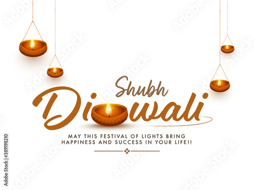 Shubh Diwali Font With Illuminated Oil Lamps Decorated On White Background.