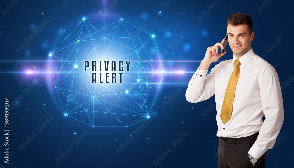 Businessman thinking about security solutions with PRIVACY ALERT inscription Businessman thinking about security solutions with PRIVACY ALERT inscription