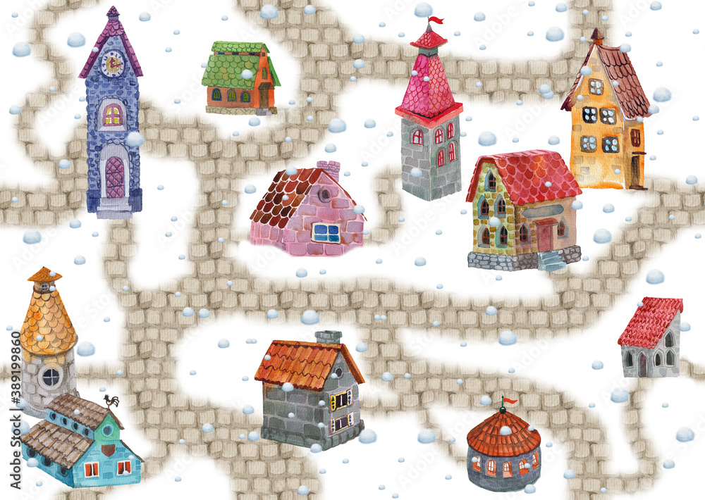 Naklejka premium Seamless pattern depicting a winter landscape with fantastic houses and snowfall