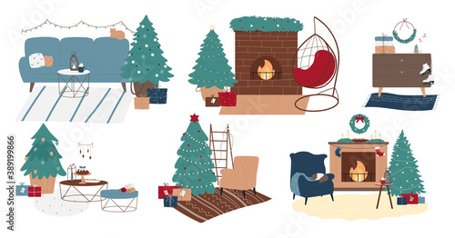 Christmas home decoration, interior for xmas celebration vector illustration, hand drawn style. Decorated Christmas tree with gift boxes, socks for Santa, fireplace, sofa and armchair in living room