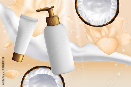Coconut cosmetics packages vector illustration. Realistic 3d bottle and container packaging with coconut moisturizing cream or milk body lotion, shower gel for beauty skin care advertising background
