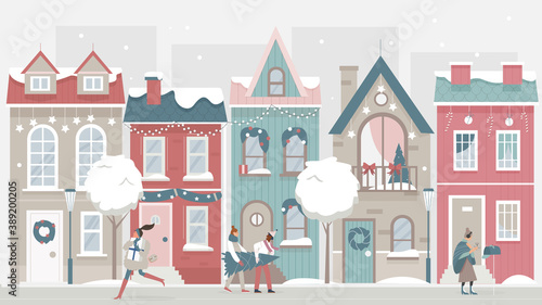 People walk on festive Christmas city street vector illustration. Cartoon urban cityscape with decorated houses, walking man woman characters, holding Christmas tree, gifts and xmas decor background