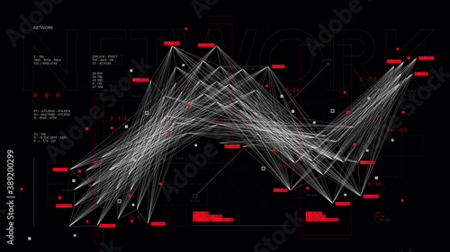 Futuristic database sorting and analysis system, complex visualization of information network and connections, vector illustration