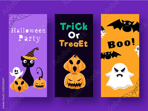 Halloween Party, Trick Or Treat and Boo! Template or Flyer Design in Three Color Options.