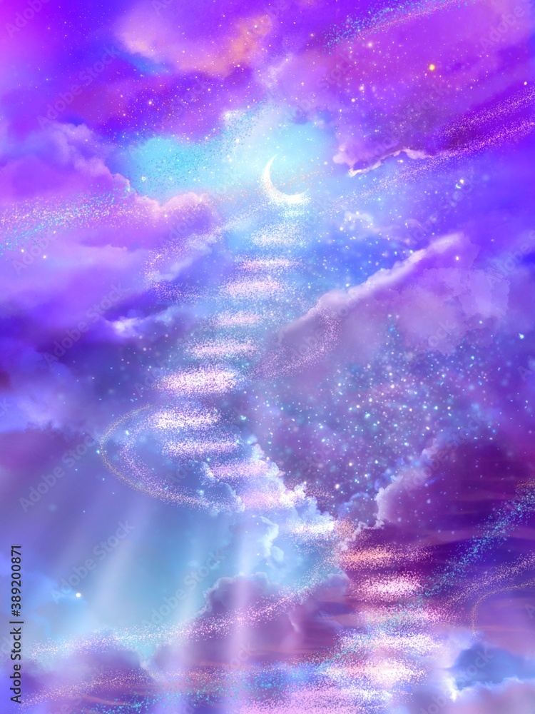 A staircase over a crescent moon with colorful clouds in the night sky