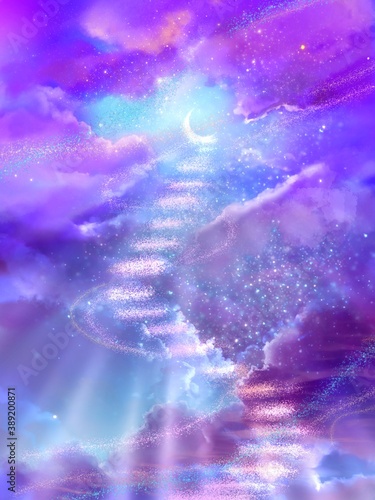 A staircase over a crescent moon with colorful clouds in the night sky