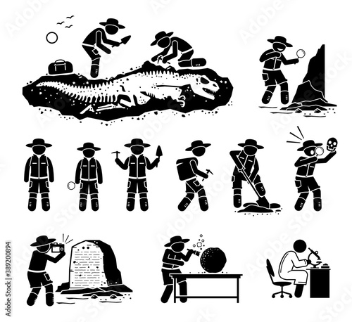 Paleontologist scientist digging dinosaur bone fossil and discover ancient artifact illustrations. Vector cliparts of paleontology, archaeology, and anthropology scientific research and career.