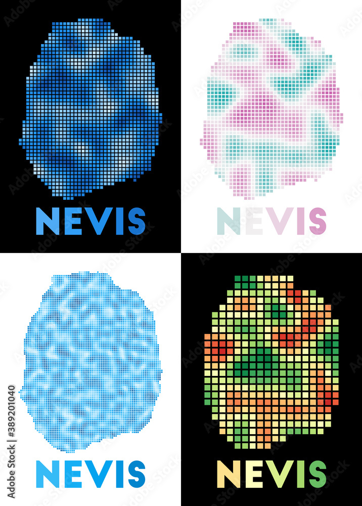 Nevis map. Collection of map of Nevis in dotted style. Borders of the island filled with rectangles for your design. Vector illustration. Nevis map. Collection of map of Nevis in dotted style. Borders of the island filled with rectangles for your design. Vector illustration.