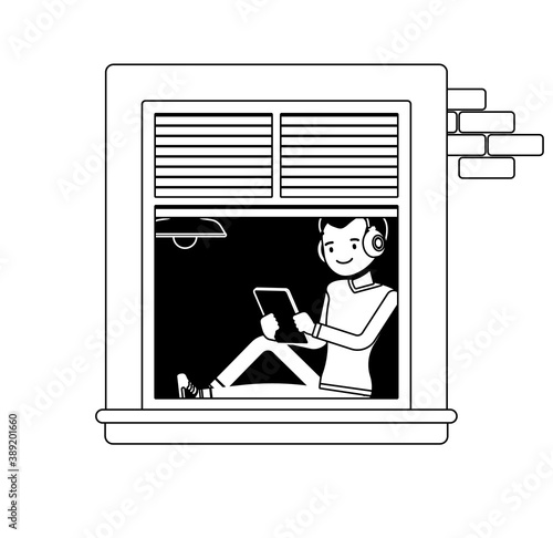 Window with a young man sitting behind with tablet. Homebody person staying home to enjoy safe comfortable private and personal life indoors. Vector illustration, black, white ink pen line art drawing