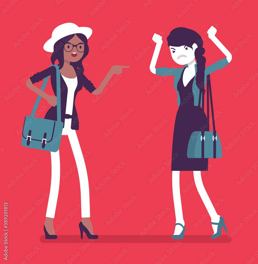 Conflict of interest for girlfriends, professional, difference of opinions. Emotional friends communicating badly, stress relief difficulty, girls get jealous. Vector creative stylized illustration Conflict of interest for girlfriends, professional, difference of opinions. Emotional friends communicating badly, stress relief difficulty, girls get jealous. Vector creative stylized illustration