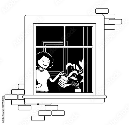 Window with a young woman watering home plant behind. Homebody person staying home to enjoy safe comfortable private, personal life indoors. Vector illustration, black, white ink pen line art drawing