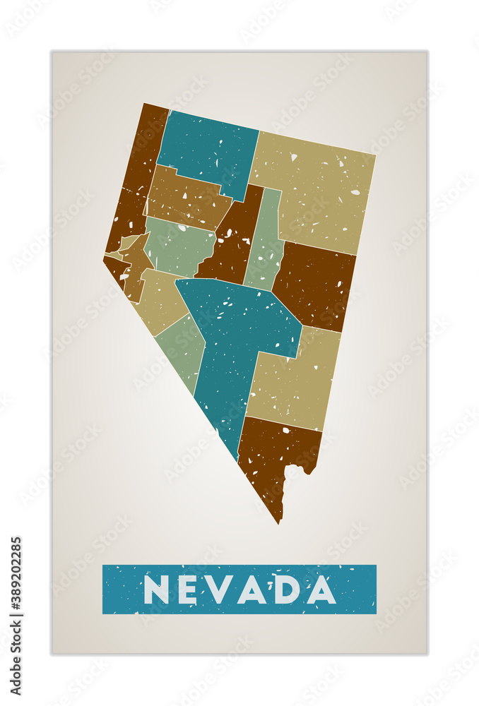 Nevada map. Us state poster with regions. Old grunge texture. Shape of Nevada with us state name