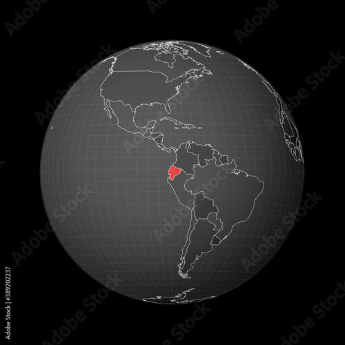 Dark globe centered on Ecuador. Country highlighted with red color on world map. Satellite world projection. Appealing vector illustration.