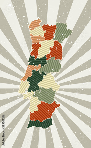 Portugal vintage map. Grunge poster with map of the country in retro color palette. Shape of Portugal with sunburst rays background. Vector illustration.