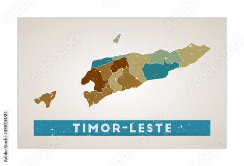 Timor-Leste map. Country poster with regions. Old grunge texture. Shape of Timor-Leste with country name. Attractive vector illustration.