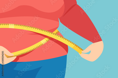 Vector of an overweight woman measuring her waistline