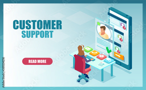  Vector of a help service employee a woman assisting a businessman online