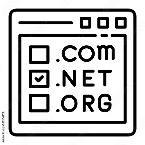 Top Level Domains Concept, dot com net org selection in browser window vector Line icon design, Cloud computing and Internet hosting services Symbol on White background 