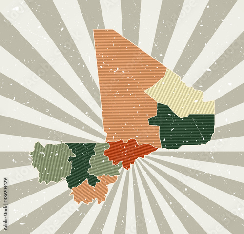 Mali vintage map. Grunge poster with map of the country in retro color palette. Shape of Mali with sunburst rays background. Vector illustration.