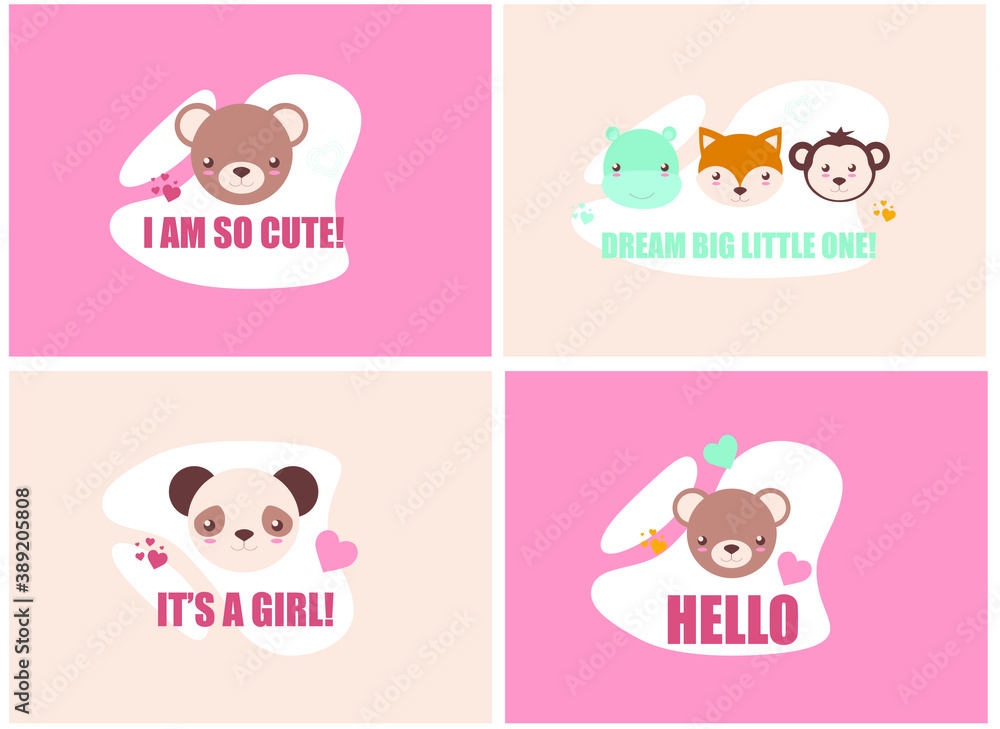 cute animal faces with lettering, colored vector set with baby cards