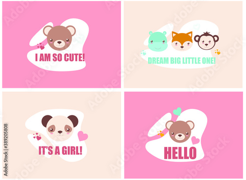 cute animal faces with lettering, colored vector set with baby cards