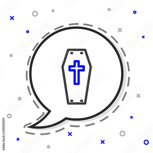 Line Coffin with christian cross icon isolated on white background. Happy Halloween party. Colorful outline concept. Vector.