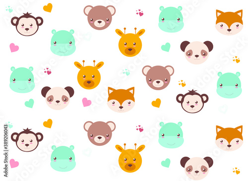 cute animal faces, colored vector pattern on a white background