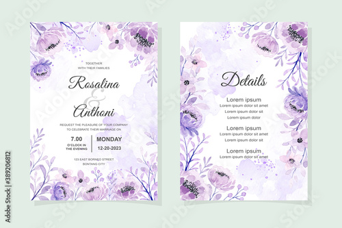 Elegant wedding invitation card with soft purple floral watercolor