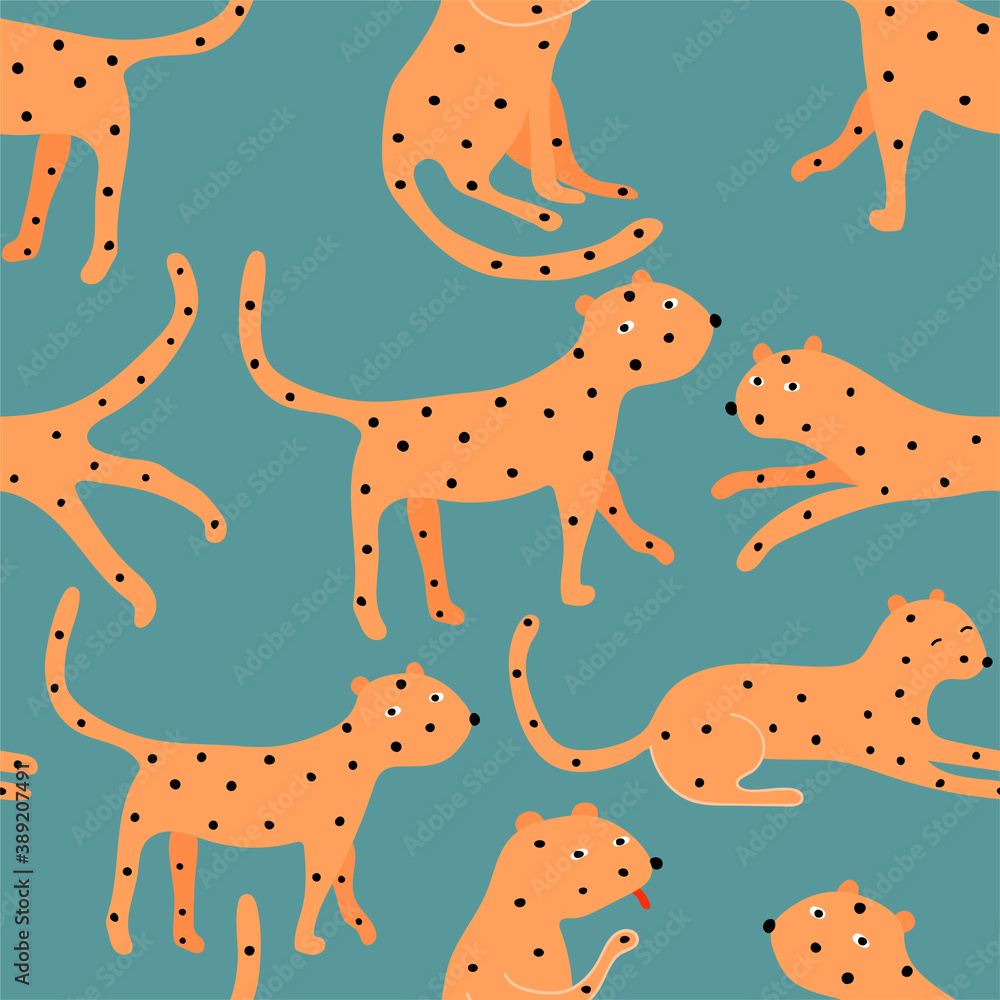 Vector seamless pattern with cute orange and  cheetahs on the blue background. Tropical animals. Fashionable fabric design for kids clothing.