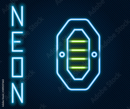 Glowing neon line Rafting boat icon isolated on black background. Inflatable boat with paddles. Water sports, extreme sports, holiday, vacation. Colorful outline concept. Vector.