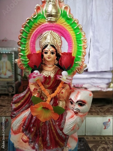 Close image of Clay made Goddess Laxmi idol for worship in hindu culture