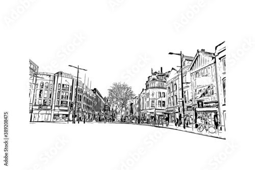 Building view with landmark of Cardiff is a city, principal area and the capital of Wales. Hand drawn sketch illustration in vector.