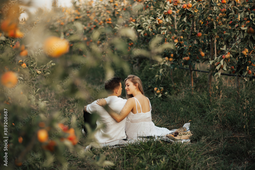 Back view of happy couple is having a picnic in the apples garden. Cute young couple on picnic during romantic date outdoors.