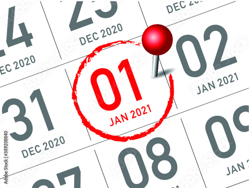 Close up of first day of the year 2021 on diary calendar, simple and clean design vector. 
