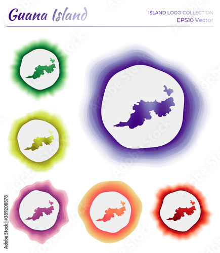 Guana Island logo collection. Colorful logo of the island. Unique layered dynamic frames around Guana Island border shape. Vector illustration.