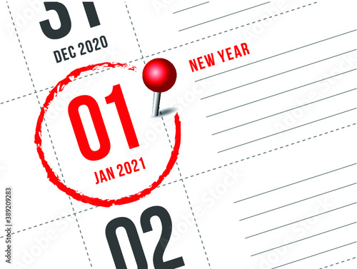 Close up of first day of the year 2021 on diary calendar, simple and clean design vector. 
